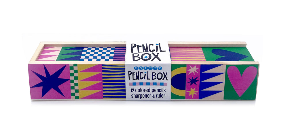 Wooden Pencil Box & 12 Colored Pencils - Geo Love