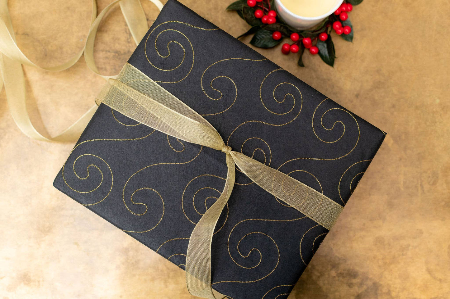 Hand Embroidered Gift Wrap Sheets - Black/Gold