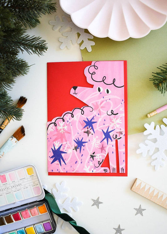 Pink Christmas Poodle cut out card