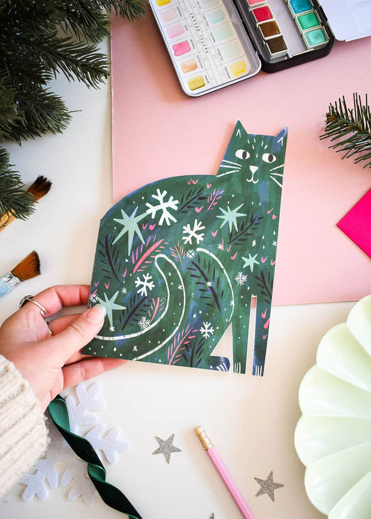 Green Christmas Cat cut out card