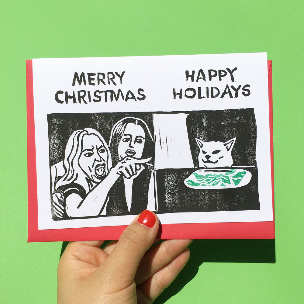 Hand-printed Card - Angry Woman vs Cat