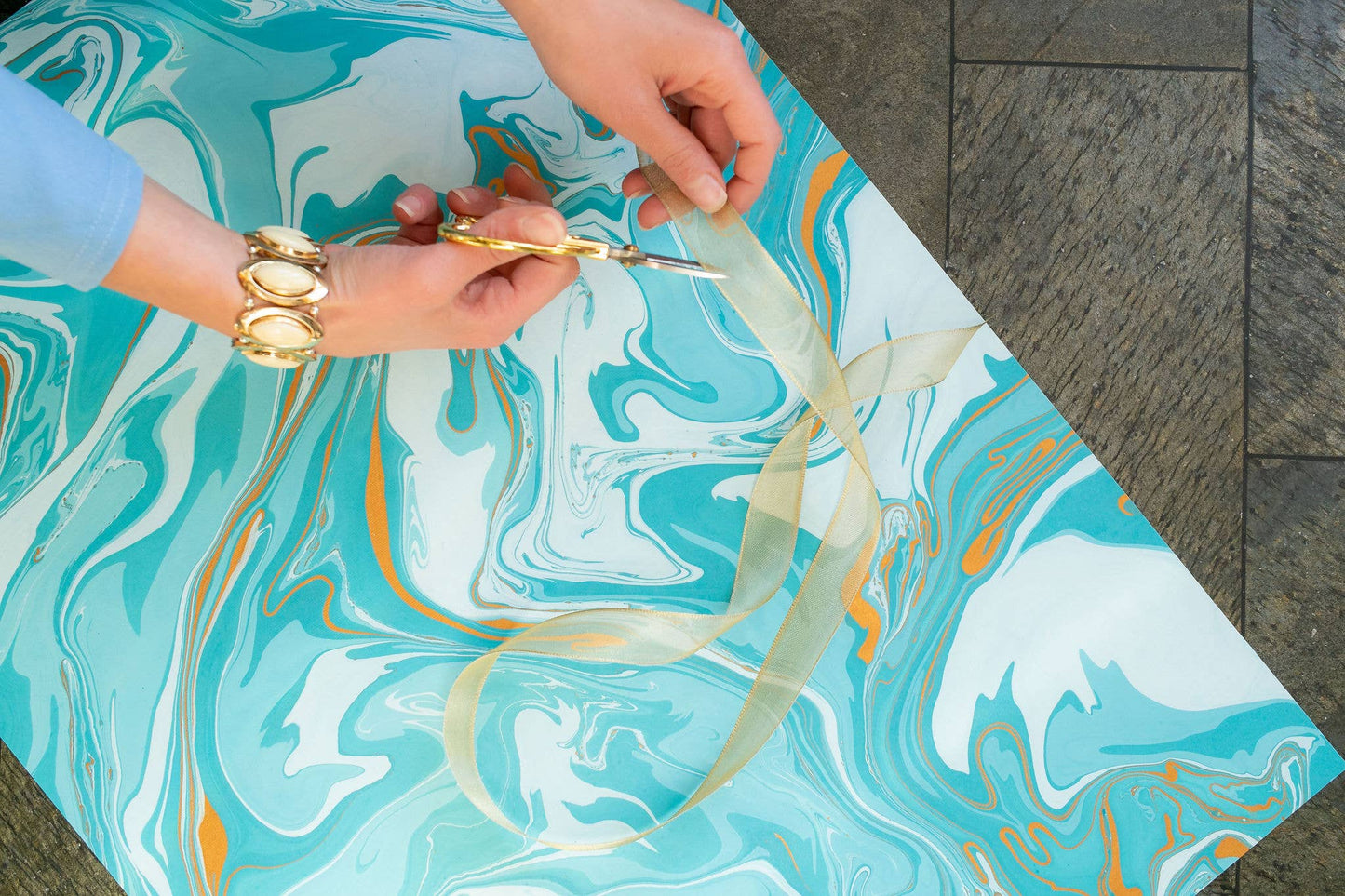 Aquamarine - Hand Marbled Gift Wrap Sheets