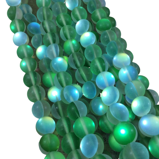 12mm Matte Frosted Bright Green Moonlight Glass Crystal Round/Ball Shaped Beads - Synthetic Moonstone